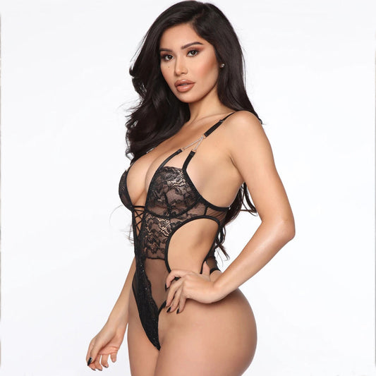 Black Open Cut Thong Bodysuit