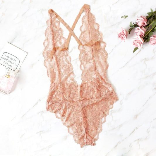 Pink V Neck Lace Backless Bodysuit